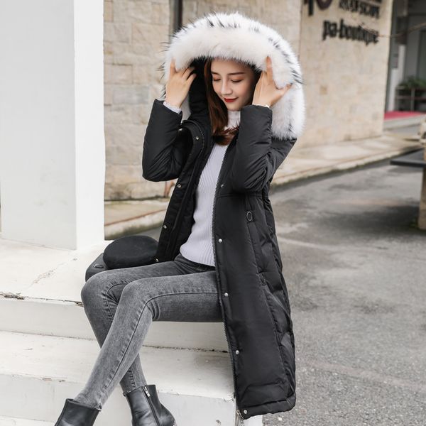 

white duck down 2020 style large feather collar down jacket for women's middle school, Black