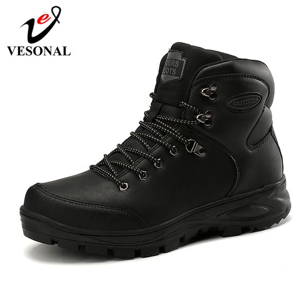 

vesonal 2020 new men boots snow outdoor leather men shoes warm cotton shoes high-sole comfortable boots footwear big size, Black