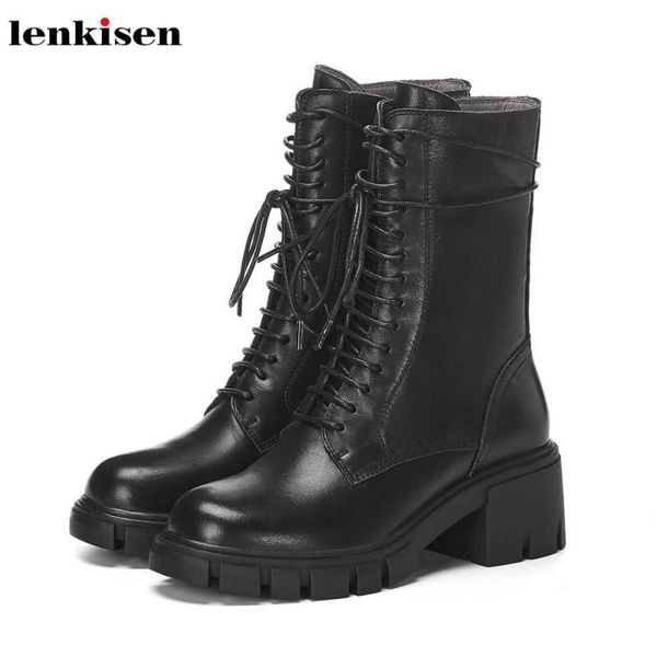

boots lenkisen genuine leather round toe heels thick bottom lace up women warm daily wear mid-calf l8f2, Black