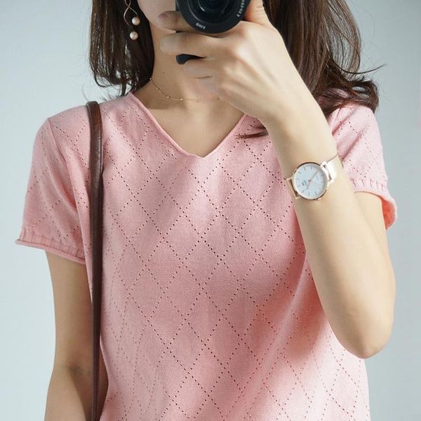 

19 new lady knitted thin hollow women sweater v-neck short sleeve female pullover women jumper loose pull femme shirts, White;black