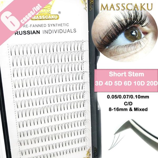 

masscaku 6cases/lot 3d 4d 5d 6d 10d 20d premade volume fans short stem russia volume makeup tools faux mink eyelash extension