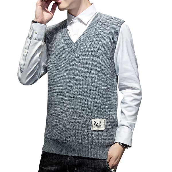 

men's vests brin wolf mens knitted sweater vest men 2021 winter sleeveless jumper sweaters harajuku v-neck korean style khaki, Black;white
