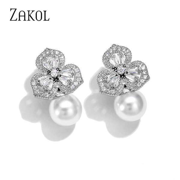 

dangle & chandelier zakol fashion cute exquisite flower stud pearl crystal earings zircon for women jewelry wedding party gifts fsep2475, Silver