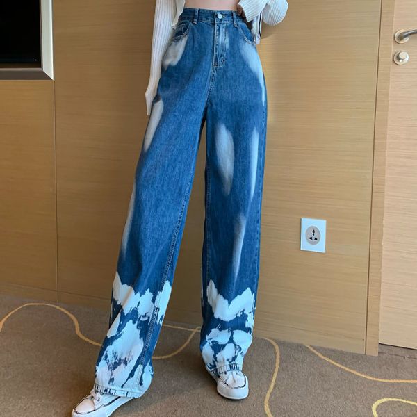 

урожай градиент tie dye джинсы женщина корейская высокая талия сыпучий wide leg denim cargo pants femme, Blue