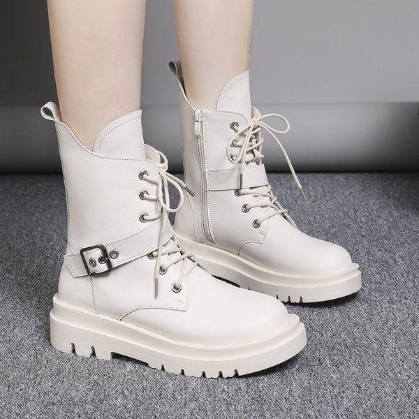 

nice autumn women black ankle boots round toe lace up pu leather fashion buckle platform booties motorcycle boots female
