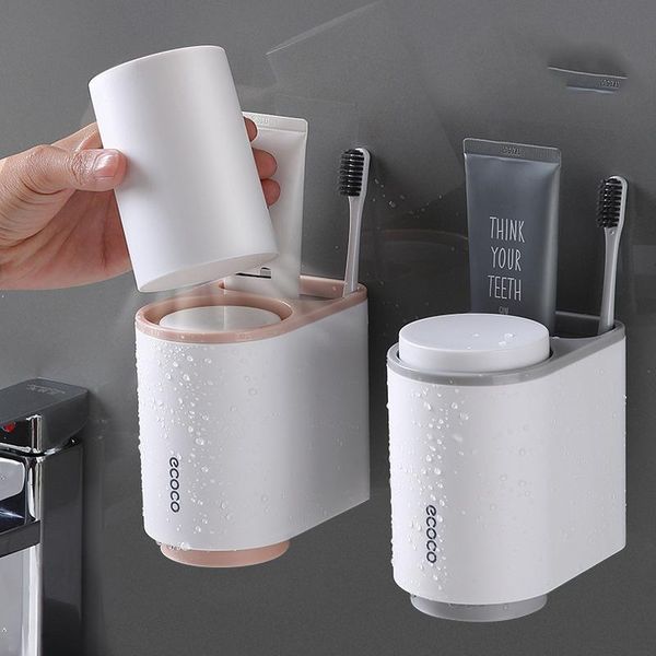

magnetic bathroom accessories set toothbrush holder strong suction cup tooth brush holder with wash cup hanging storage rack t200506