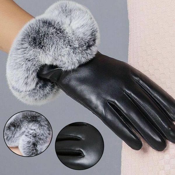

2020 winter new fashion women touch screen pu leather gloves autumn patchwork winter warm fur, Blue;gray