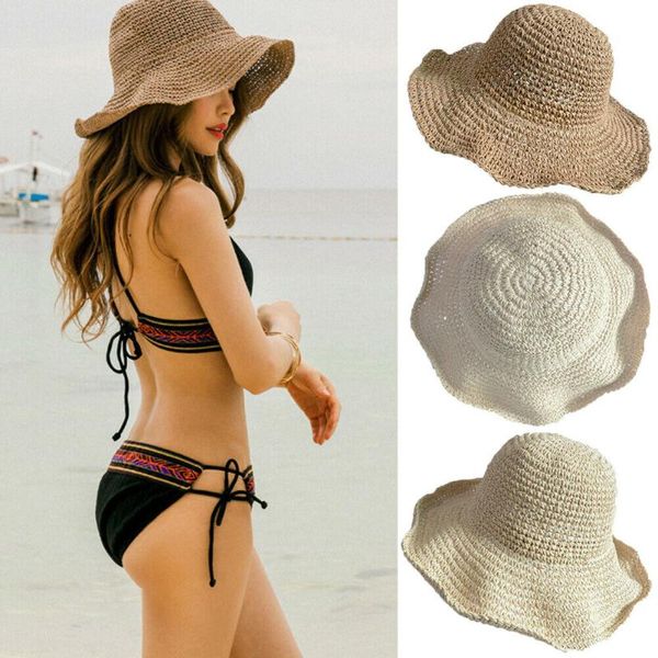 

ladies women fashionable wide brim beach foldable bow flower straw sun hat cap outdoor floppy fold hats sun protection, Blue;gray