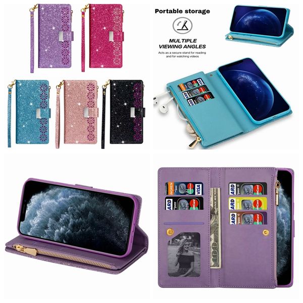 Custodie a portafoglio in pelle multifunzione per Iphone 15 Plus 14 Pro Max 13 12 11 XS XR X 8 7 6 SE Fiore di pizzo Glitter Flip Cover Slot per schede Tasca con cerniera Lady Women Phone Pouch