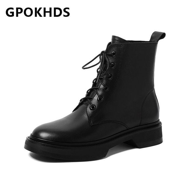 

gpokhds 2021 women ankle boots cow leather winter short plush round toe lace-up med heels female riding boots size 39, Black