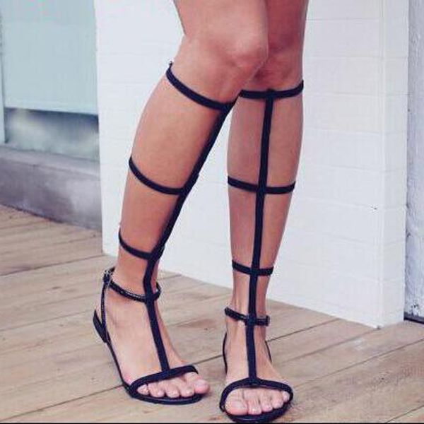

sestito 2020 woman black simple cut-outs peep toe summer gladiator sandals boots girls buckle strap knee high flat boots