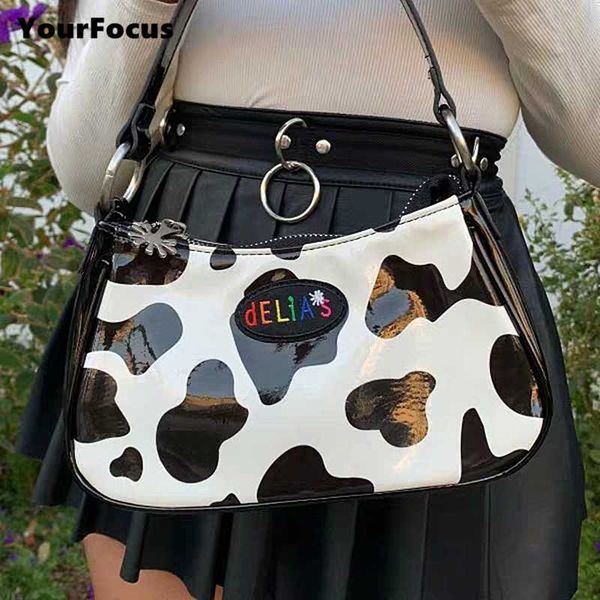 

vintage harajuku pu leather baguette bag kawaii cute sweet cow pattern spot handbag mini underarm bag axillary pouch