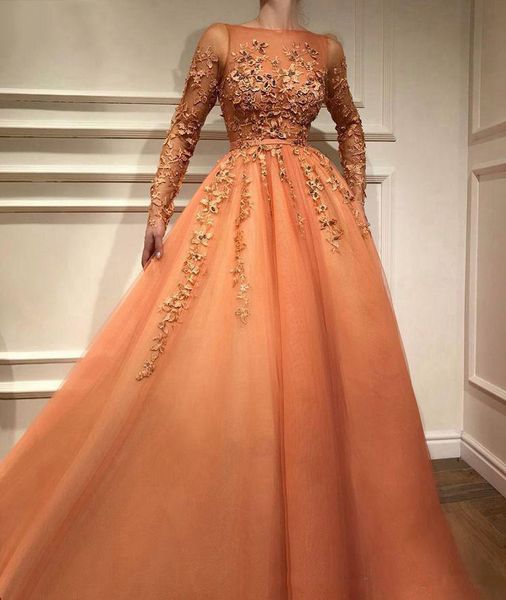 

2020 orange prom dresses illusion sheer scoop neckline long sleeves evening gown lace beaded tulle a-line formal girls party dresses, Black;red