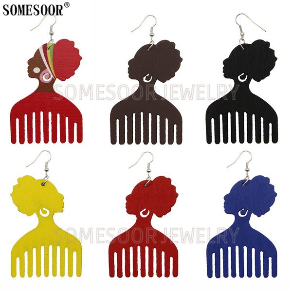 

somesoor jewelry laser cut comb ethnic african woman figure exaggerated hip-hop punk wooden drop earrings for women gifts, Silver
