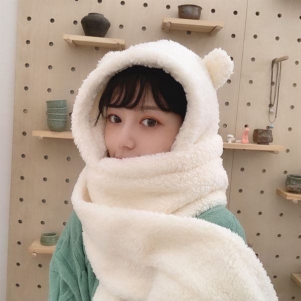 

2020 fashion winter women novelty beanies caps warm cute bear ear hat casual plush hat scarf set casual solid women caps present, Blue;gray