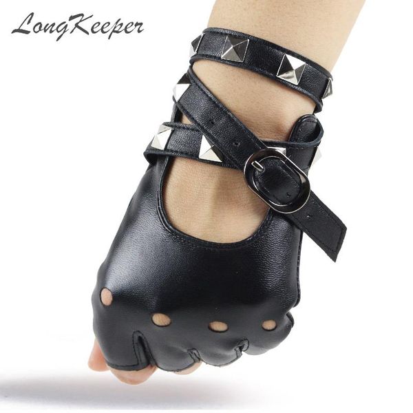 

five fingers gloves longkeeper 1 pair half finger pu leather women rock punk style rivet fingerless black mittens luvas, Blue;gray