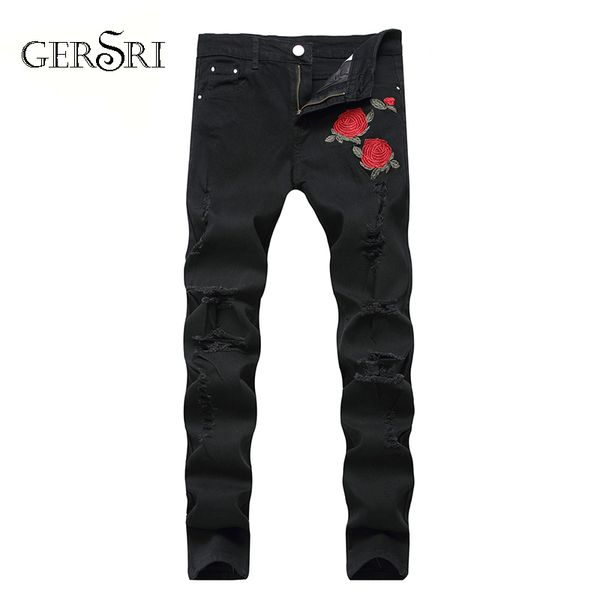 

gersri men jeans slim fit black color flower printed ripped jeans homme balplein brand men motor biker, Blue