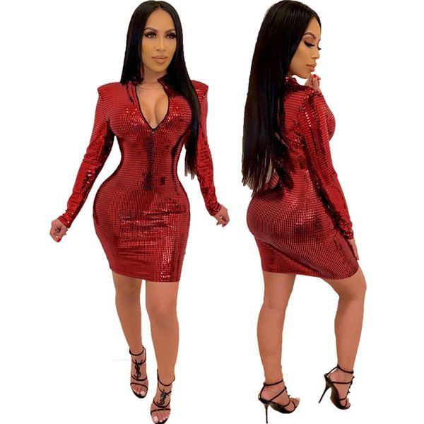 

bing long sleeve party dresses womens designer high elasticity shiny bodycon hip dress with zipper autumn fashion red women clothing, White;black
