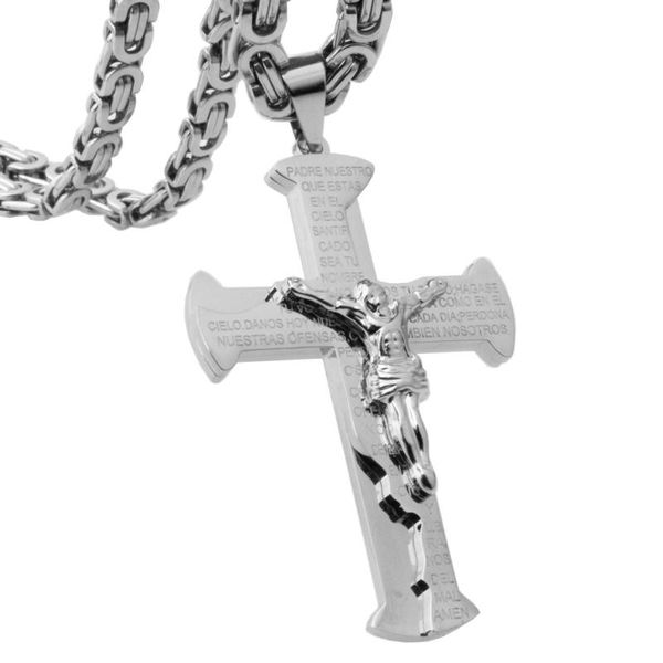 

chains christian jesus cross pendant necklaces 6mm thick link byzantine chain stainless steel silver color men jewelry gift