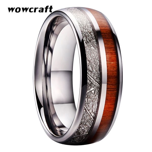 

cluster rings 8mm wedding bands tungsten carbide for men women meteorite koa wood inlay polished shiny domed band comfort fit, Golden;silver