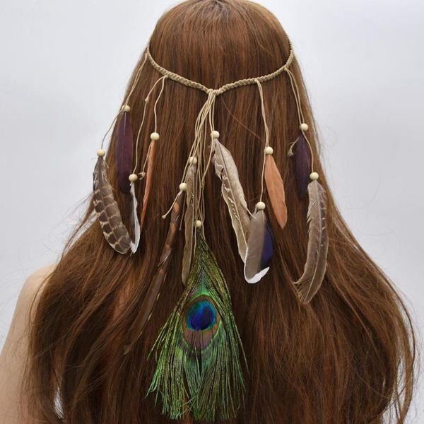 

new retro tassel feather hair band bohemian ethnic style pure hand-woven fashion feather hair rope accessories, Golden;silver