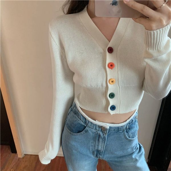 

мода кардиган вязаных женщины конструктора тонкая сексуальный верхние части осени v шеи длинного рукава женщина кнопка knit одежда свободног, White