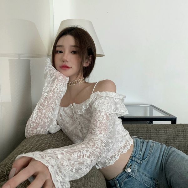 

women's blouses & shirts lace off shoulder white crop club clothing fashion brand slash neck ruffles korean style