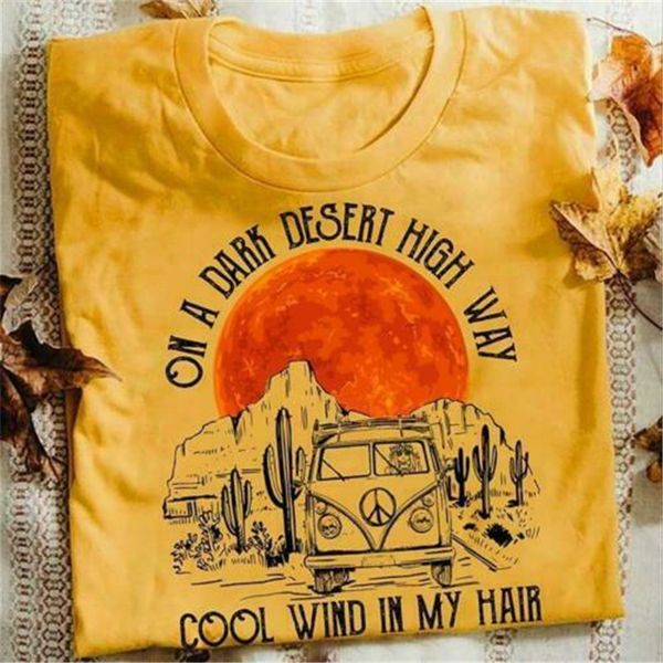 

hippie on a dark desert high way cool wind in my hair men t-shirt gold color oversized tee shirt