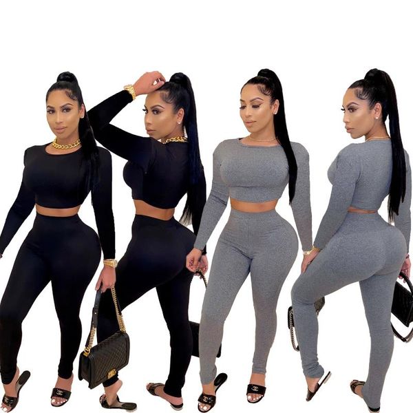 

33cy1251 autumn winter women casual fashion sports skinny solid navel two piece set and pants tracksuit sweatsuit outfits, Gray
