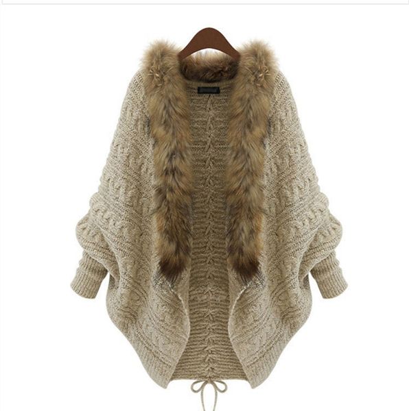 

wholesale-fashion women loose fur collar cardigan sweater 2015 autumn winter ladies new design batwing sleeve overcoat dropshipping, White;black