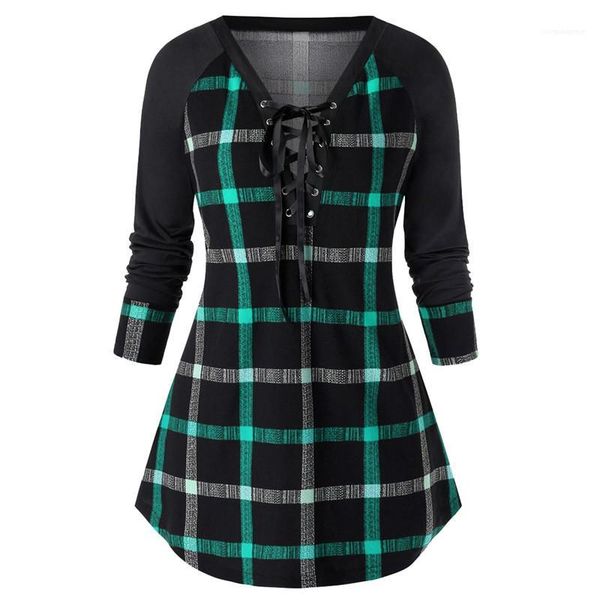 

casual panelled plaid printed long sleeved v neck womens fashion clothing womens designer plus size tshirt, White