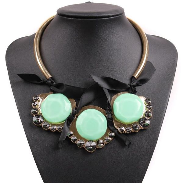 

chokers design fashion black rope chain gold color charm big pendant chunky statement crystal resin necklace choker collar, Golden;silver