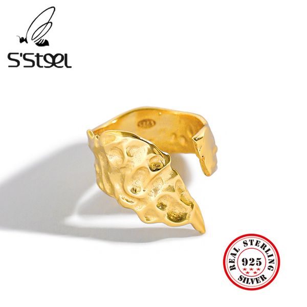 

s'steel irregular rings 925 sterling silver for women korean feather open personalized gold ring bague femme argent 925 jewelry, Golden;silver