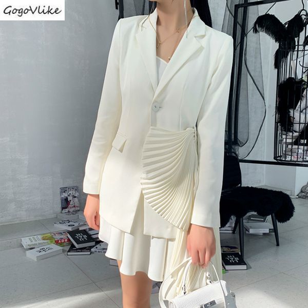 

2020 spring elegant women's blazer suit large size pleated white ladies jacket trendy office blazers asymmetric coats lt745s30, White;black