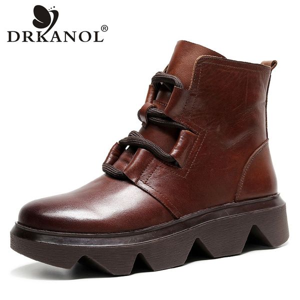 

boots drkanol 2021 retro handmade women low wedge platform ankle genuine leather thick bottom casual short, Black