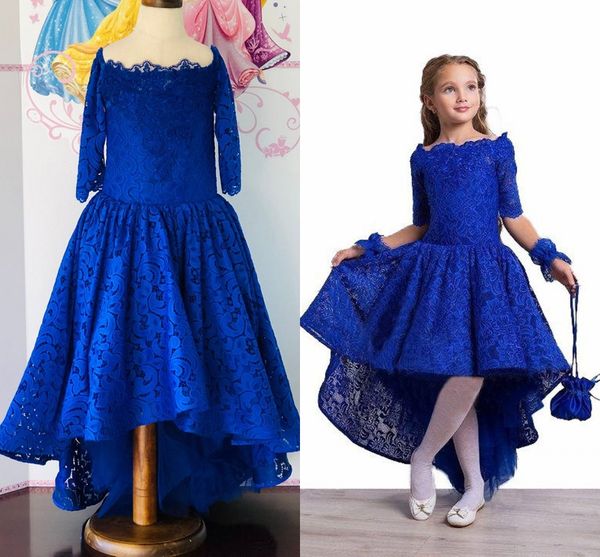 

fashion royal blue hi low pageant dresses little girls lace bodice scoop neck with 3/4 sleeves new prom kids formal wear flower girls dress, White;red