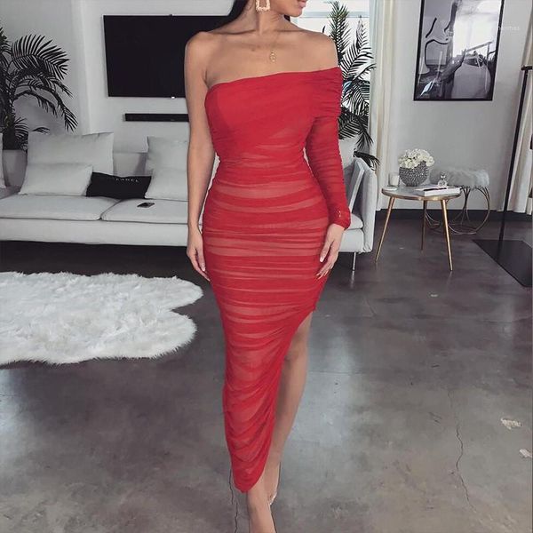 

сплит ruched bodycon платье sexy женщин платье партии способа slash шейных одно плечо с длинным рукавом mesh платья, Black;pink