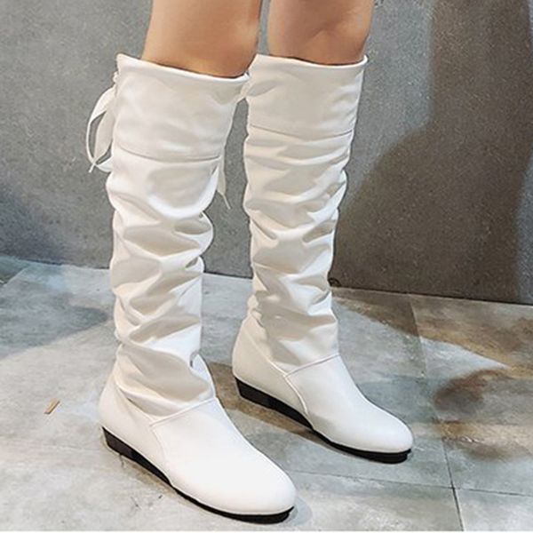 

women's knee high long boots pleated low heel fashion ladies leather woman casual autunm winter shoe women footwear plus size 43, Black