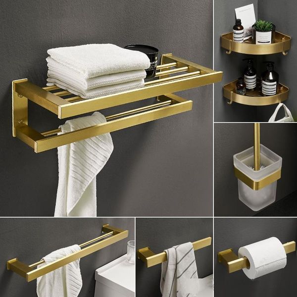 

luxury space aluminum bathroom accessories set gold brushed towel shelf new robe hook paper rack toilet holder metal t200425