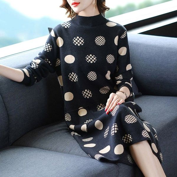

2020 new women autumn winter elegant polka dot knitted sweater dresses female casual loose o-neck long sleeve vestidos z80, White;black