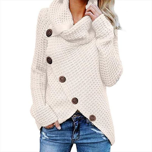 

womens winter autumn long sleeve pullover turtleneck oblique buttons waffle knitted irregular hem loose sweatshirt, Black