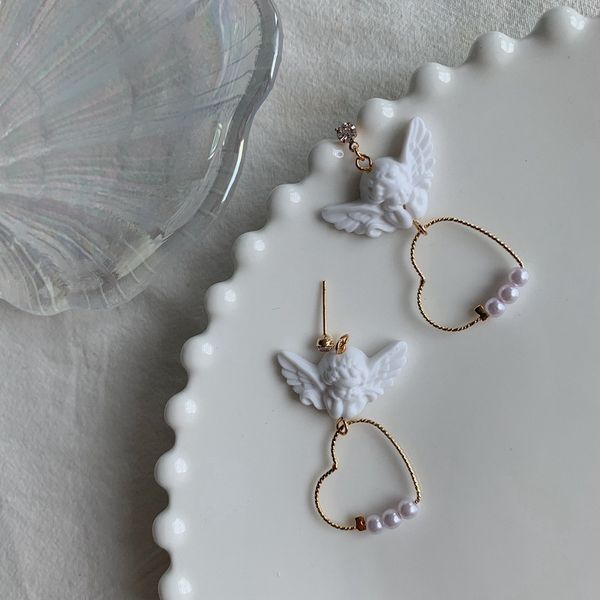 

dangle & chandelier kpop creative harajuku cute cupid angel pendant drop earring heart with pearl aesthetic chic jewelry for cool women egir, Silver