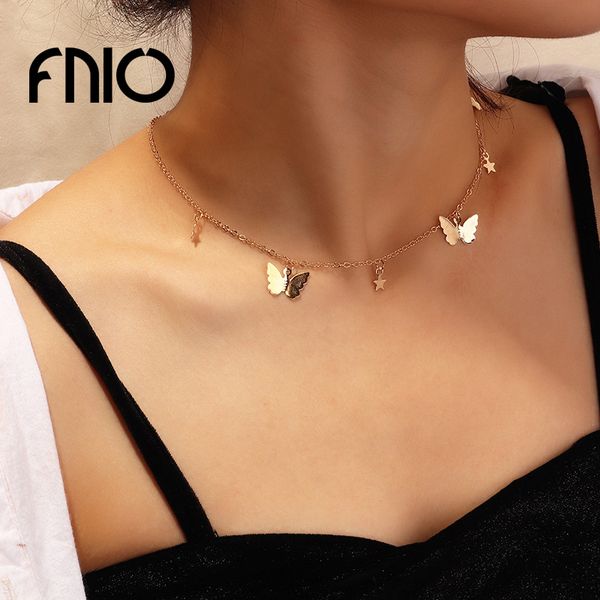 

pendant necklaces fnio butterfly chain for women gold color star necklace choker clavicle 2021 bohemian jewelry, Silver