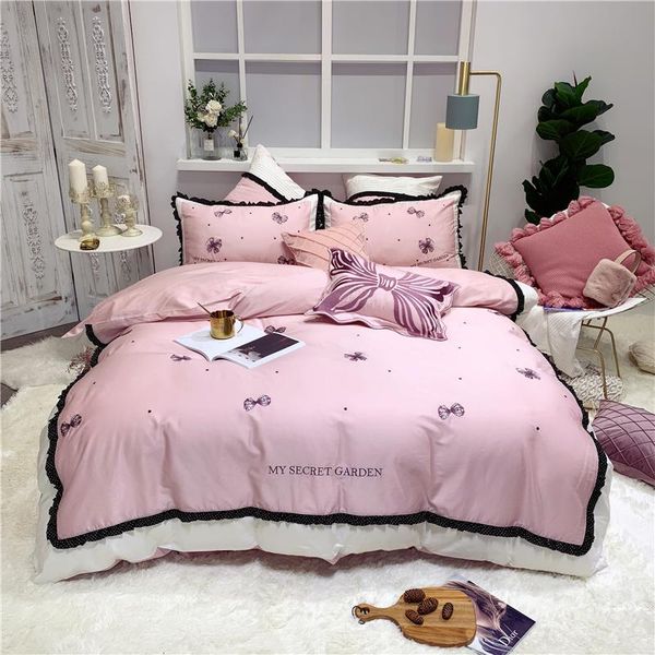 

luxury egypt cotton bedding set embroidery ruffles duvet cover sets bed sheet pillowcases  king size 4pcs