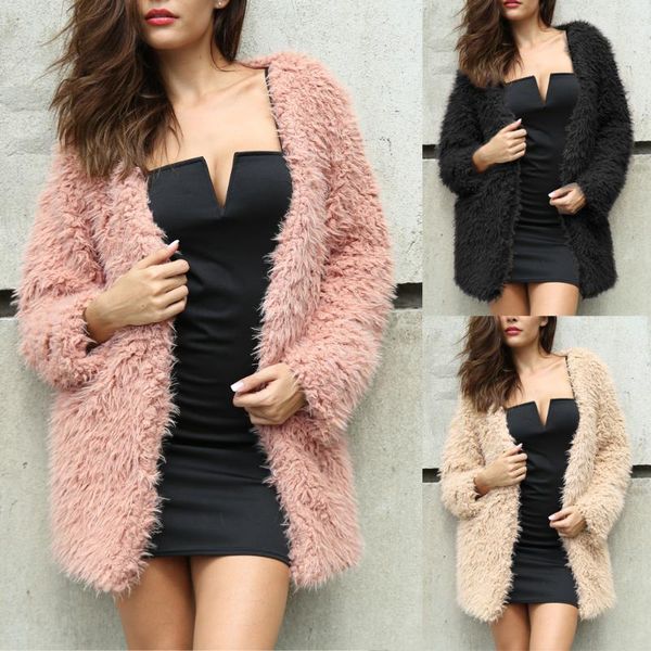 

women's fur & faux winter women coat female autumn loose overcoat fleece plush jacket mujer veste femme chaqueta, Black