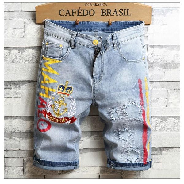 

male loose comfortable shorts patch embroidery print mens jeans fashion summer short pants casual hole personality, White;black