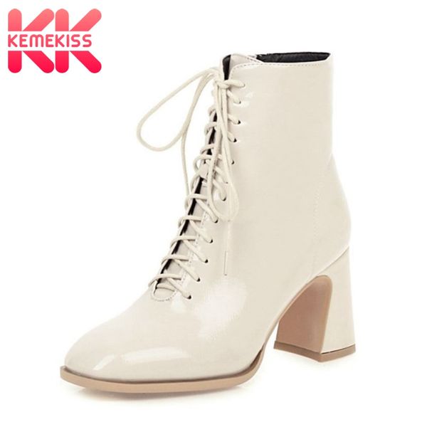 

kemekiss women ankle boots thick high heel cross strap zipper shoes round toe warm boots women fashion party footwear size 34-43, Black