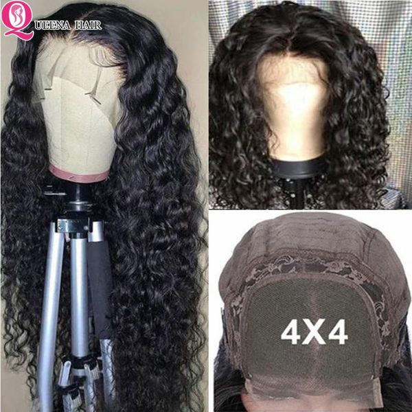 

4x4 water wave lace closure wig pre plucked 13x4 lace front wig remy peruvia human hair closure wigs for black women 150% wigs, Black;brown