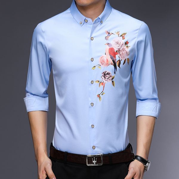 

new casual men shirt button lapel shirt long sleeve korean shirts men slim fit flower print camisa masculina plus size e037, White;black