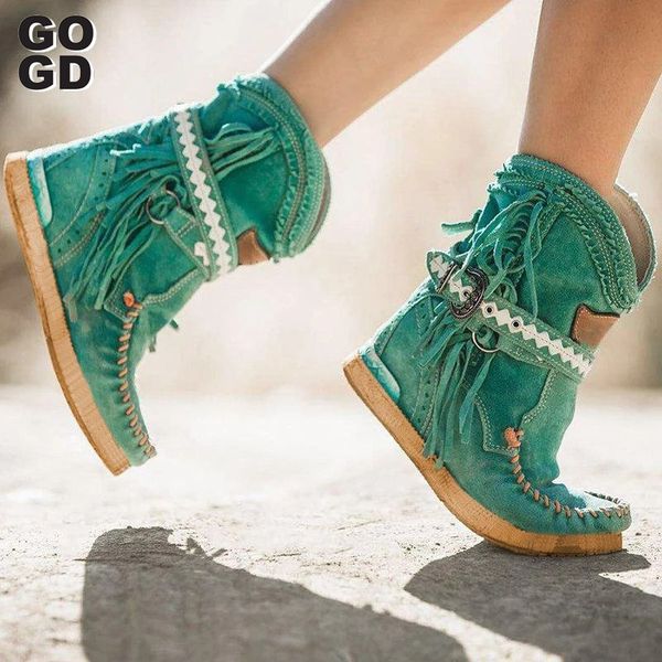

gogd]2020 flat boots winter short boots tassels round toe buckle strap ethnic style warm non-slip shoe for ladies, Black